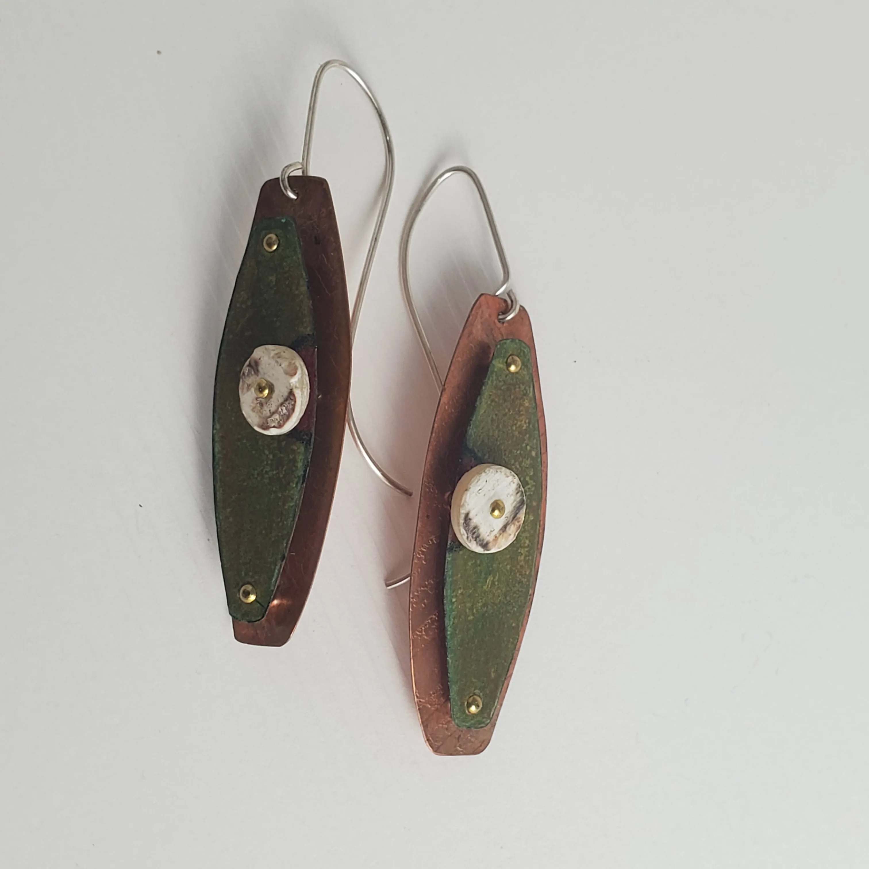 Safari Chic green and ostrich egg bead earrings, Prisma color earrings, Khaki and copper earrings, Dimensional earrings.