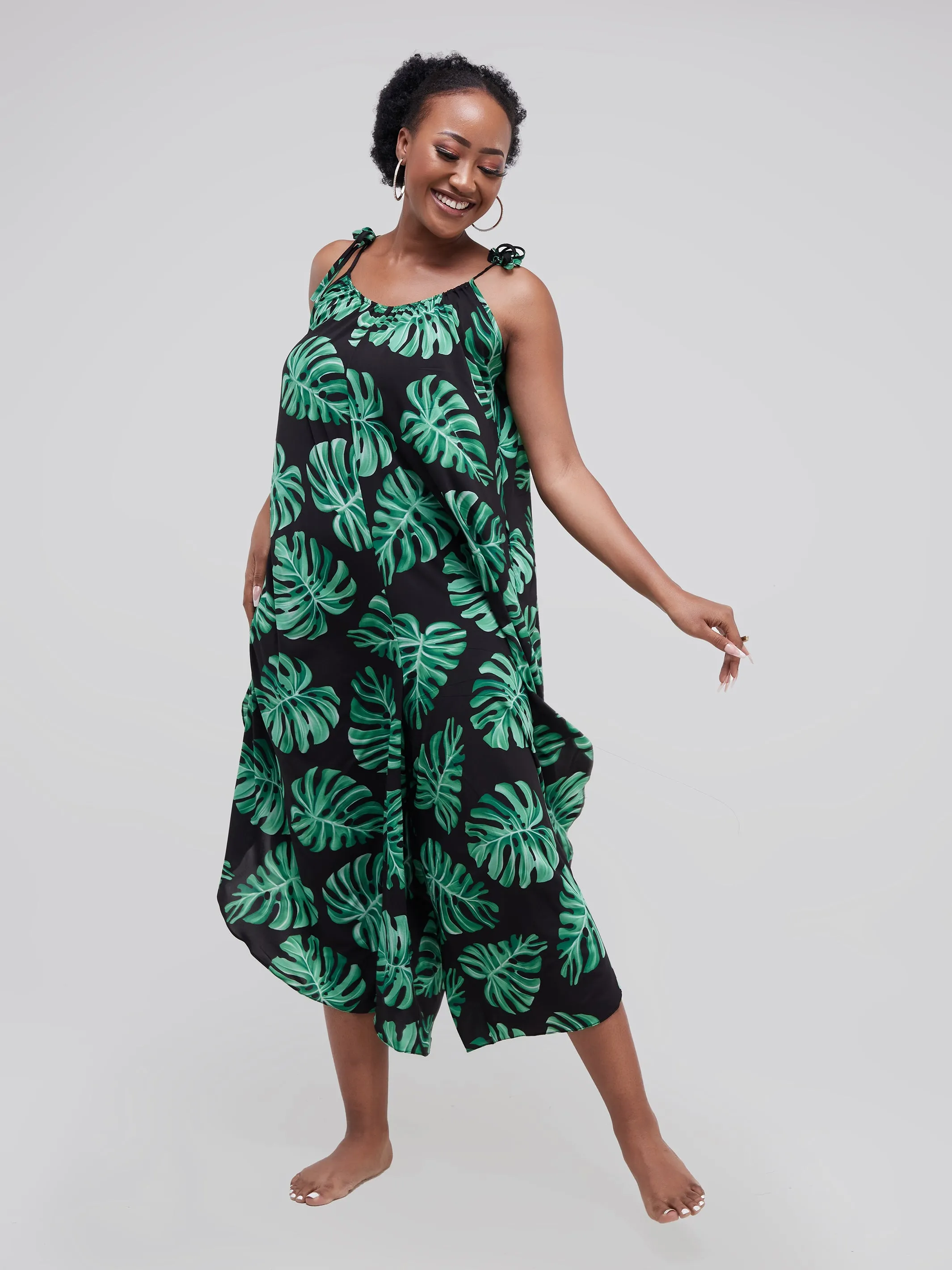 Safari Maisha Strappy Cullote Jumpsuit Coverup - Green Leaf Print