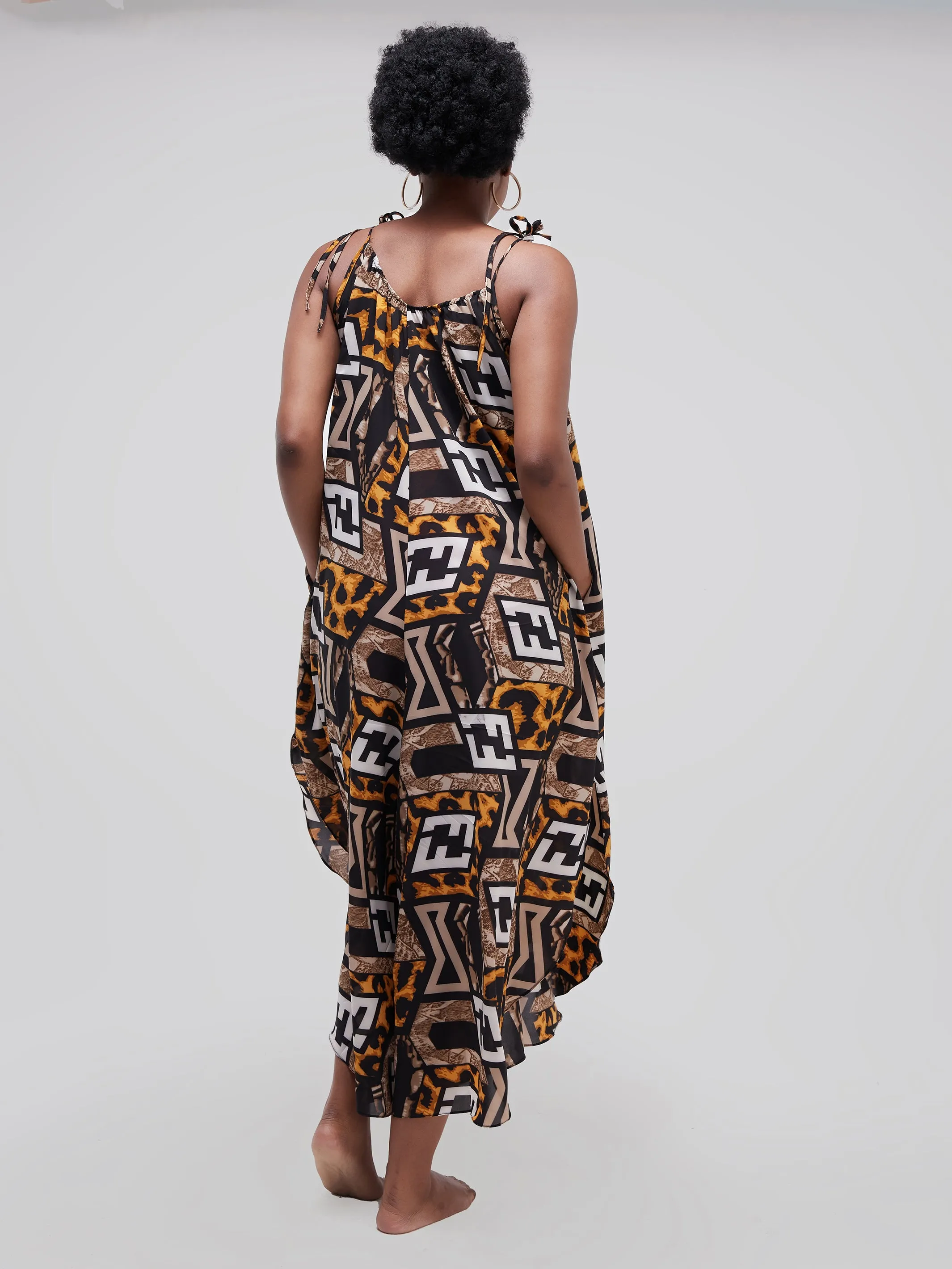 Safari Maisha Strappy Cullote Jumpsuit Coverup - Mustard / Brown Print