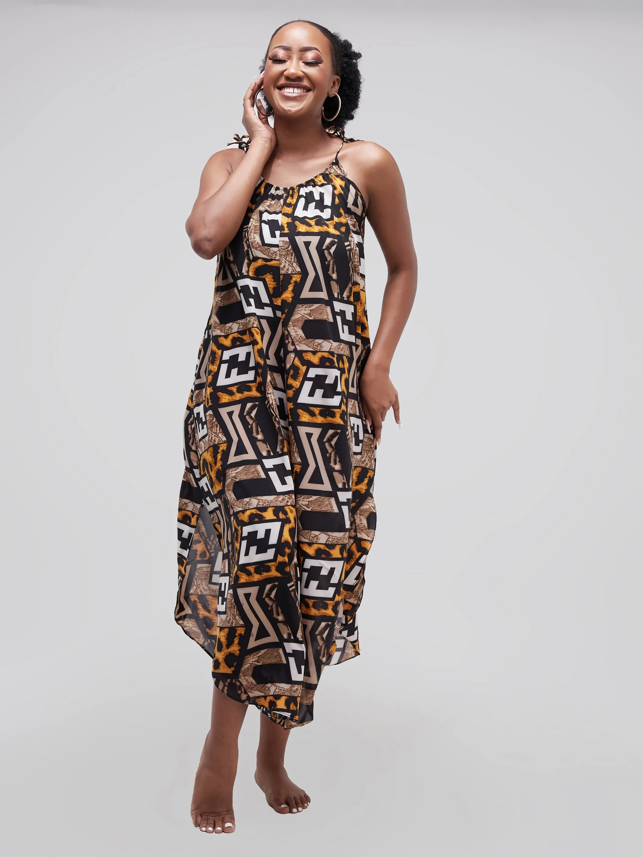 Safari Maisha Strappy Cullote Jumpsuit Coverup - Mustard / Brown Print