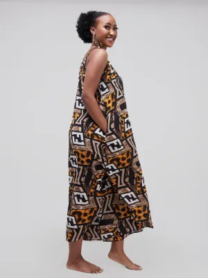 Safari Maisha Strappy Cullote Jumpsuit Coverup - Mustard / Brown Print