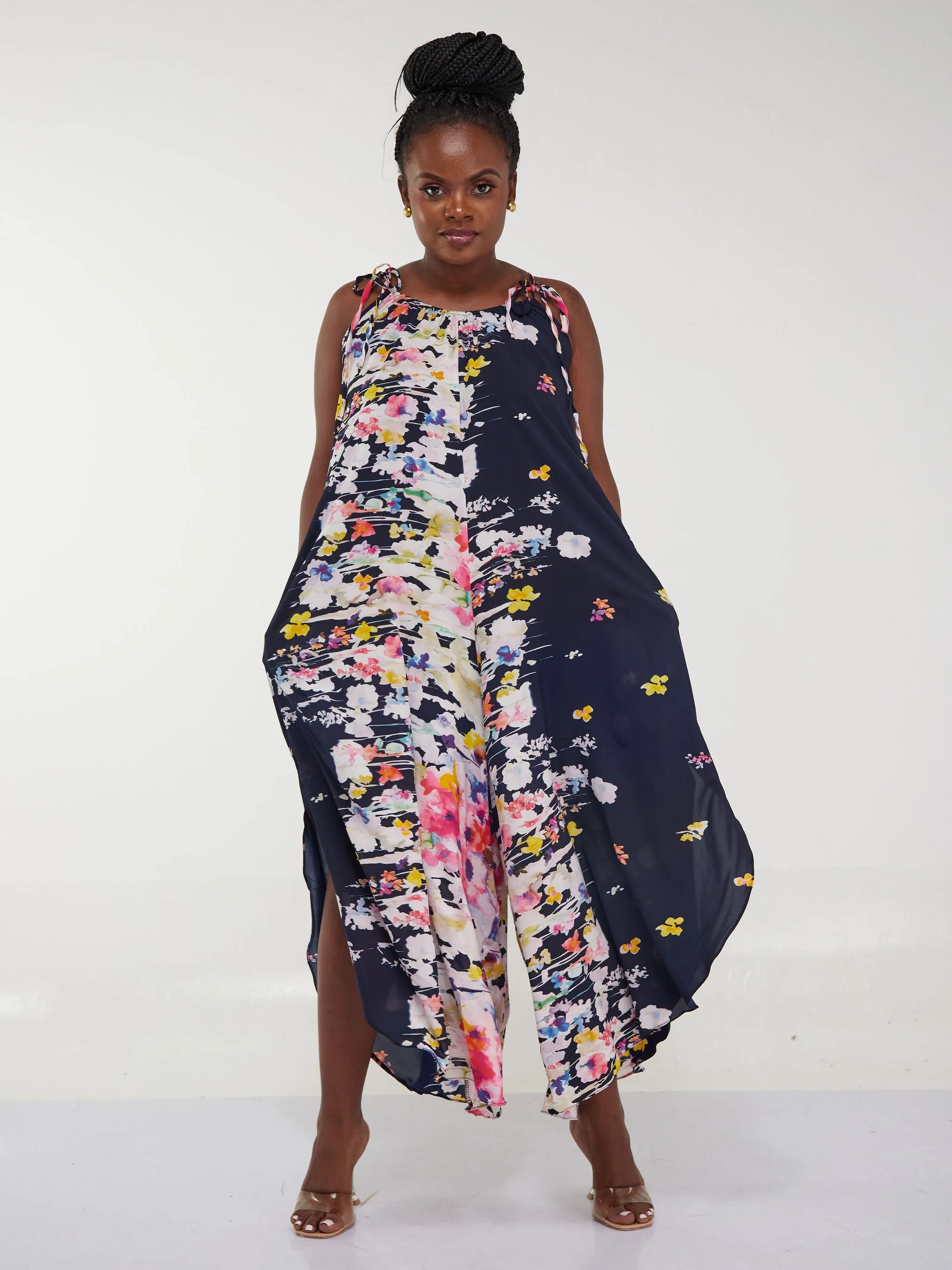 Safari Maisha Strappy Cullote Jumpsuit Coverup - Pink Floral Abstract Print