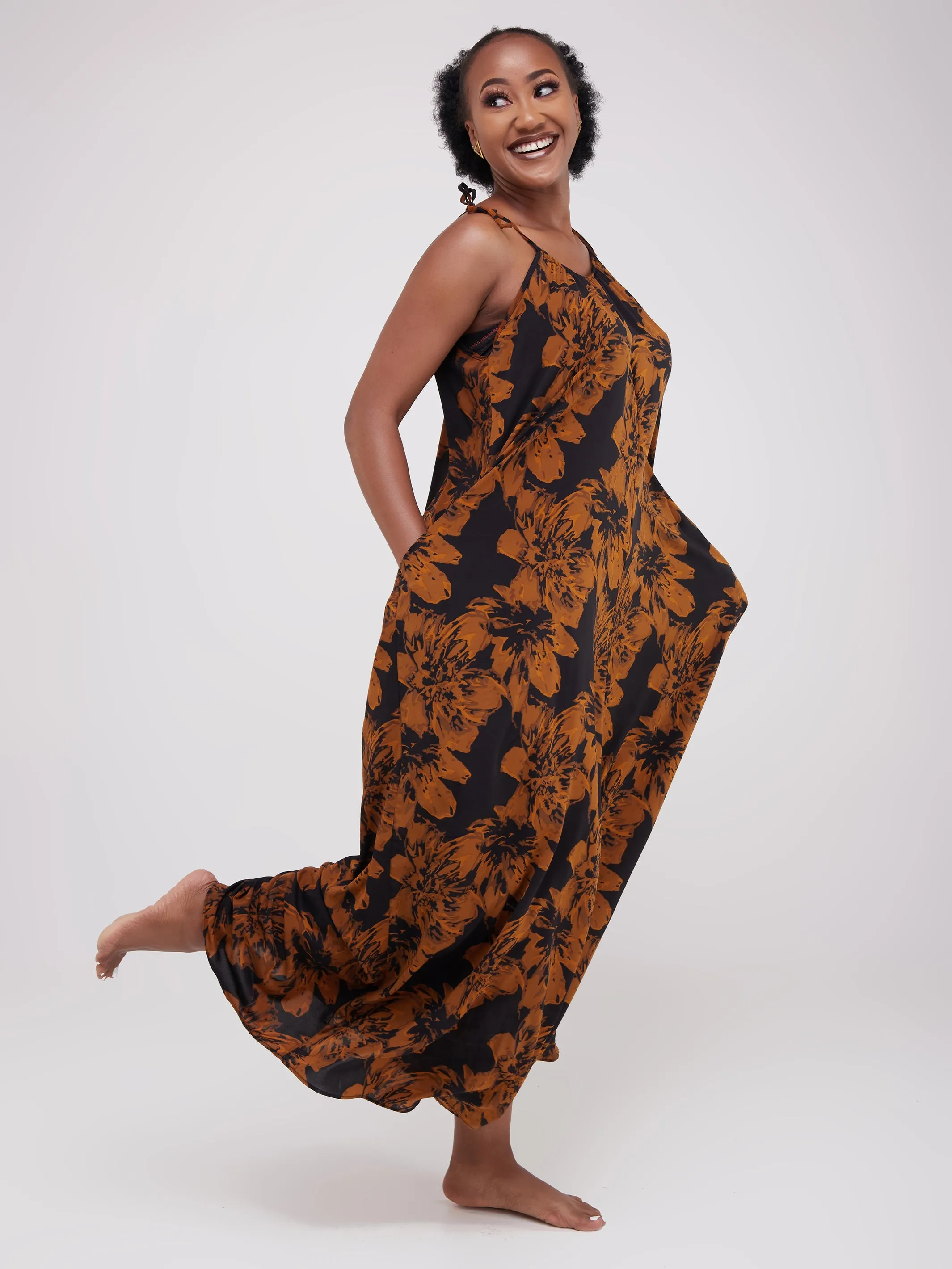 Safari Maisha Strappy Jumpsuit Cover-Up - Black / Brown Print