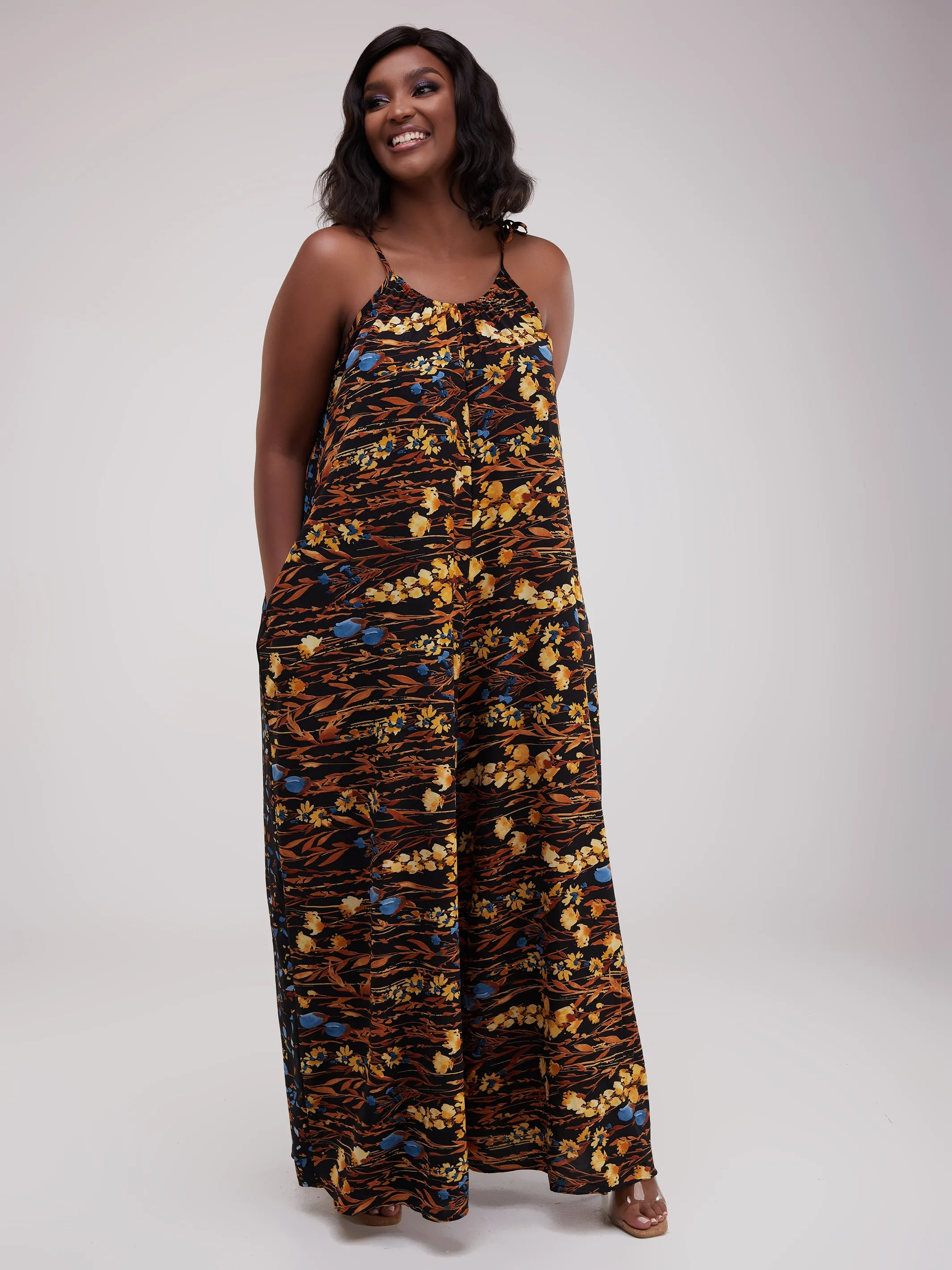 Safari Maisha Strappy Jumpsuit Cover-Up - Brown / Mustard  Print