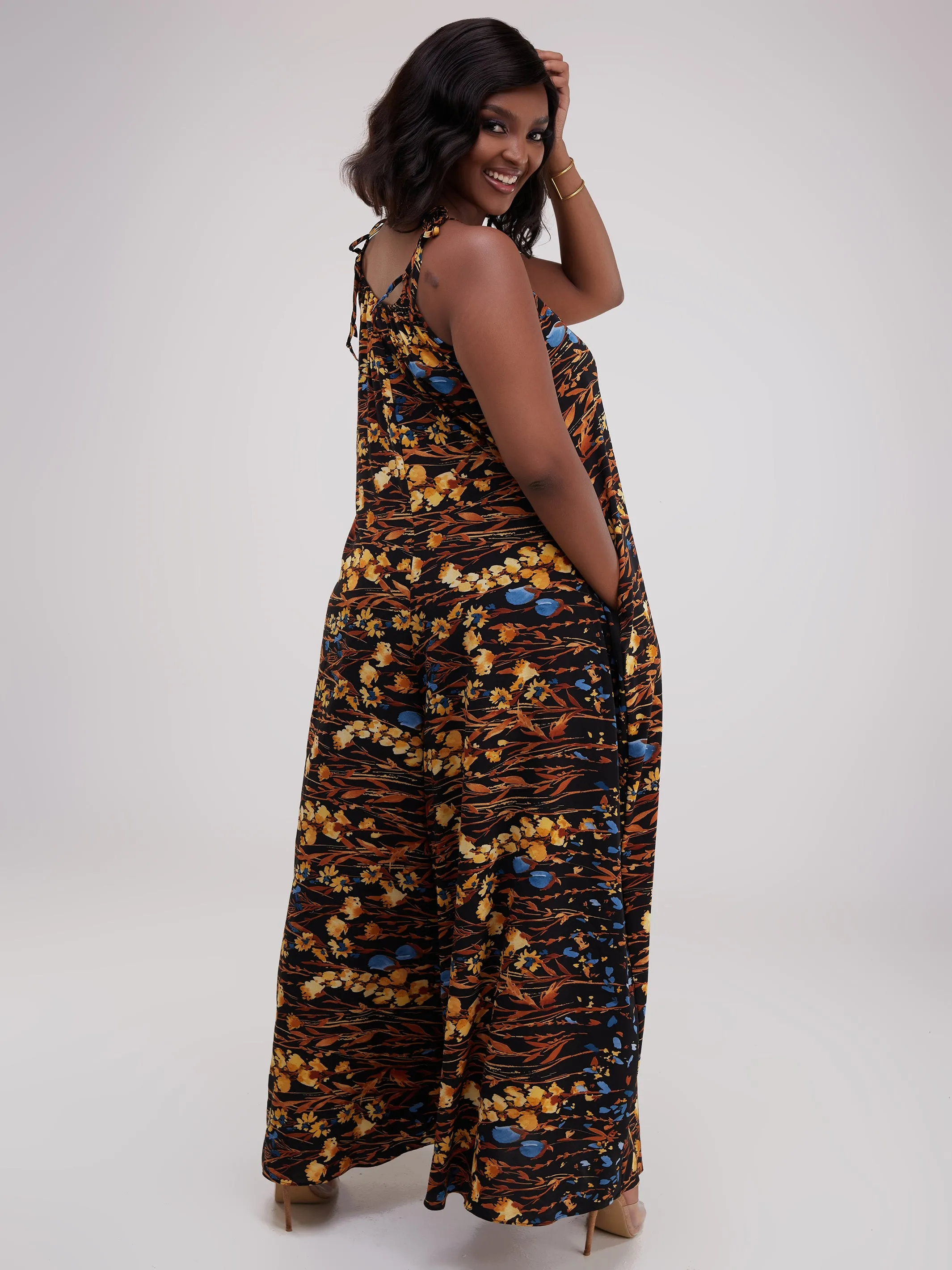 Safari Maisha Strappy Jumpsuit Cover-Up - Brown / Mustard  Print