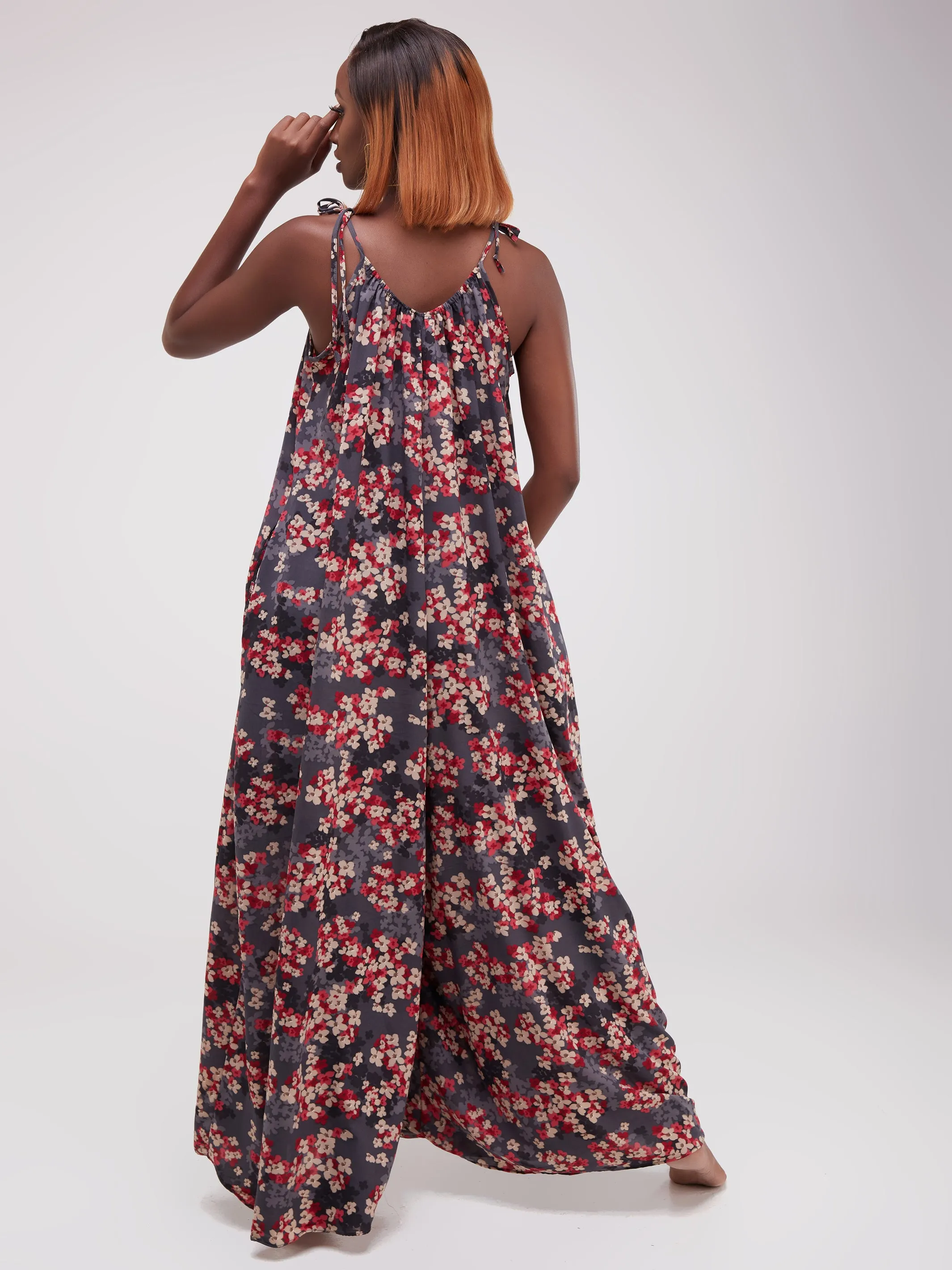 Safari Maisha Strappy Jumpsuit Cover-Up - Grey / Red Print