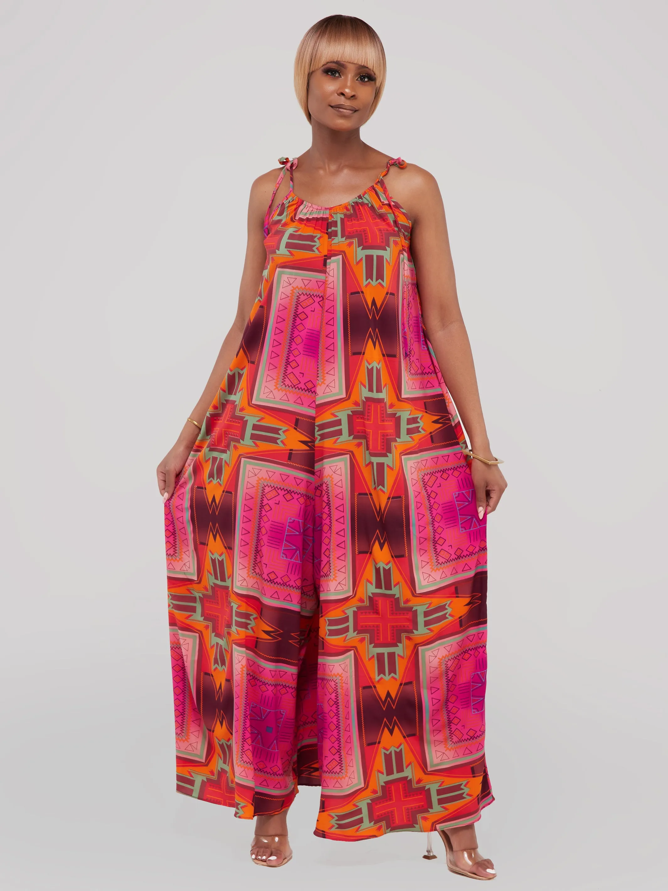 Safari Maisha Strappy Jumpsuit Cover-Up - Pink Geometric Print