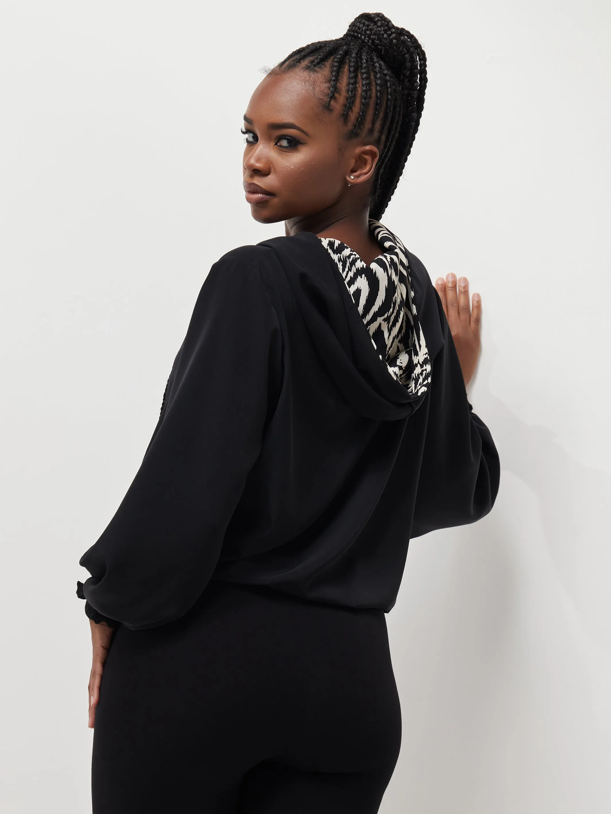 Safari Naima Crepe Drawstring Hoodie - Black / White Print