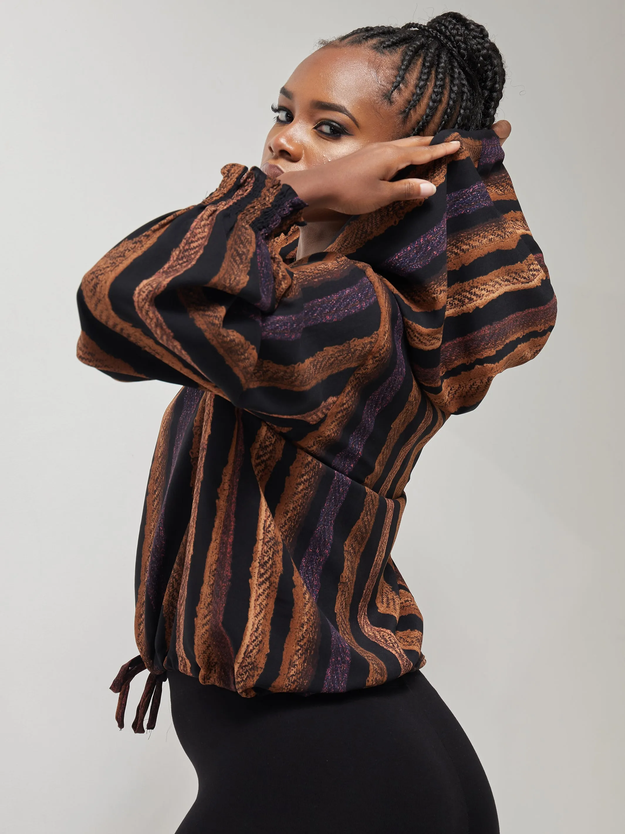 Safari Naima Crepe Drawstring Hoodie - Brown / Black Print