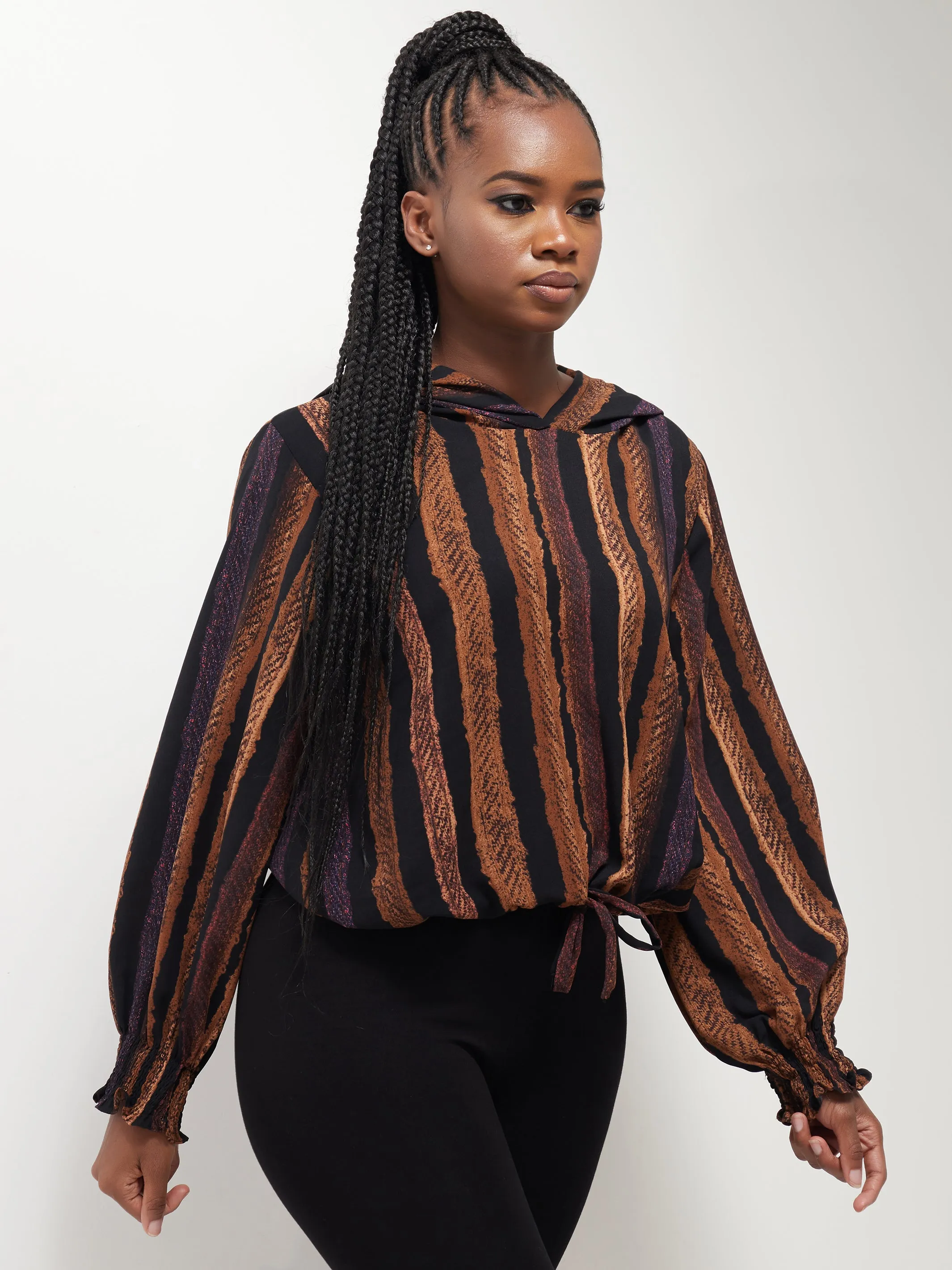 Safari Naima Crepe Drawstring Hoodie - Brown / Black Print