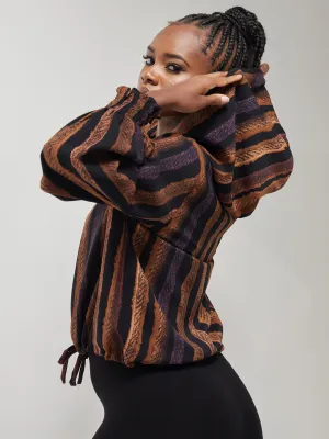 Safari Naima Crepe Drawstring Hoodie - Brown / Black Print