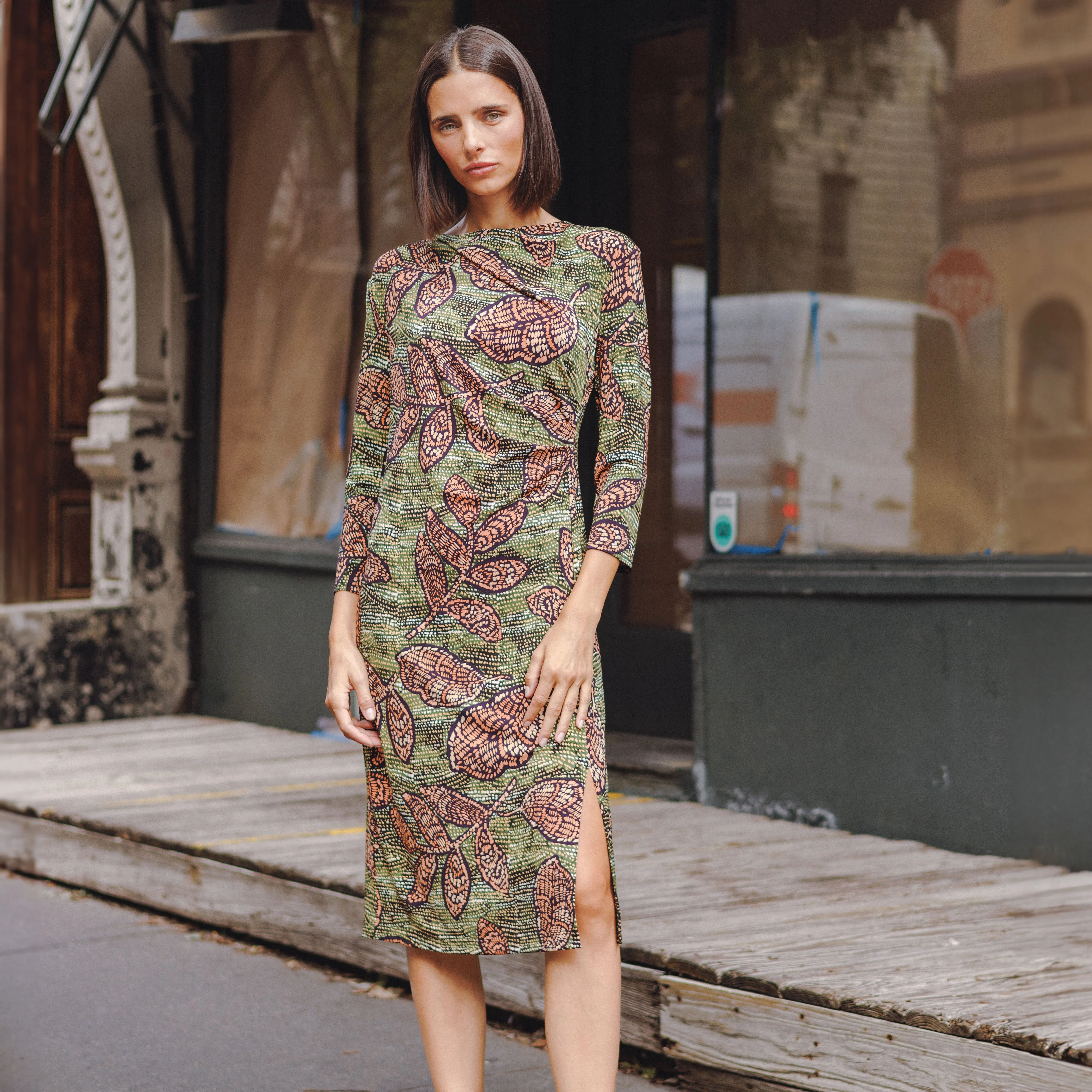Side Slit 3/4 Sleeve Midi Dress - Mosaic Leaves - Final Sale!