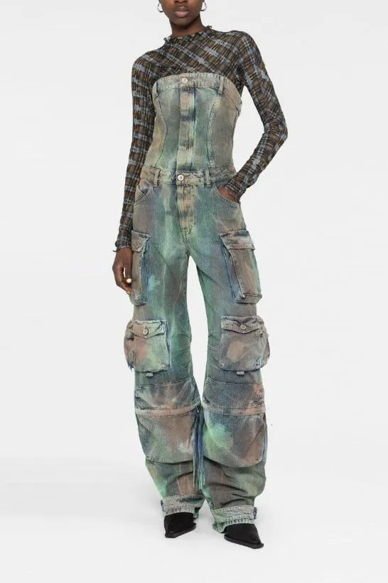 Street cargo jumpsuit and mid-waist tie-dye effect