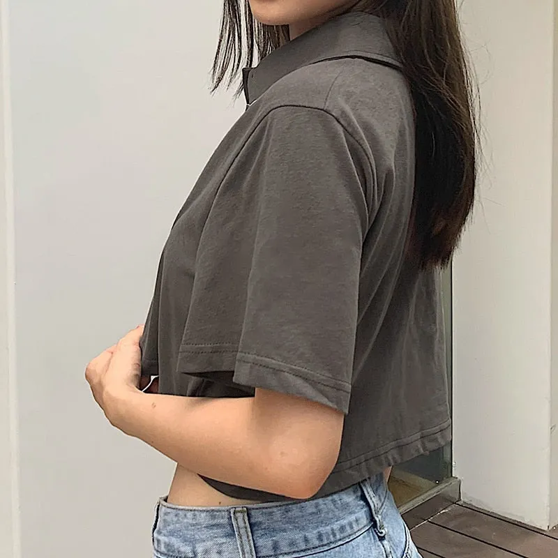 Streetwear Butterfly Metal Pendant Polo Loose Crop Top Shirt