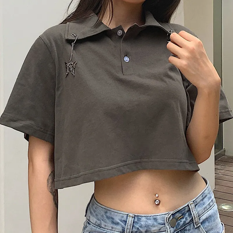 Streetwear Butterfly Metal Pendant Polo Loose Crop Top Shirt