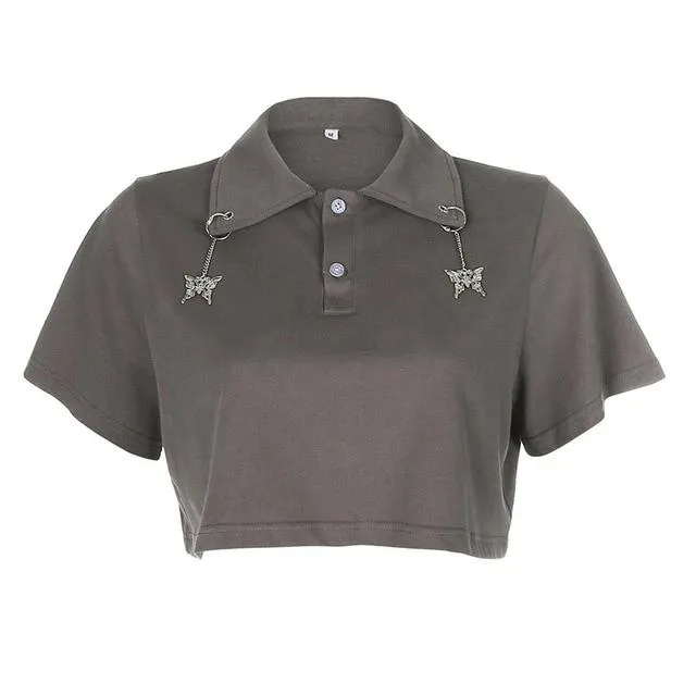 Streetwear Butterfly Metal Pendant Polo Loose Crop Top Shirt