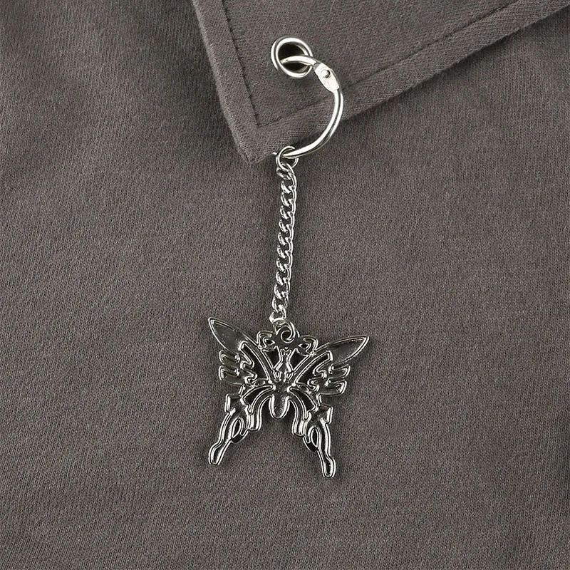 Streetwear Butterfly Metal Pendant Polo Loose Crop Top Shirt