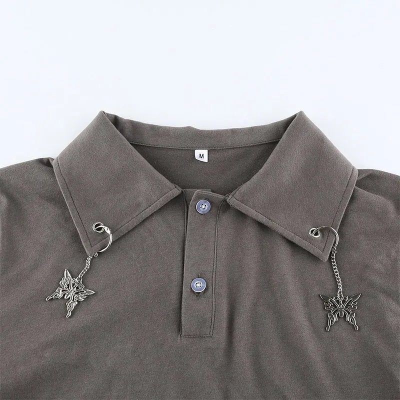 Streetwear Butterfly Metal Pendant Polo Loose Crop Top Shirt