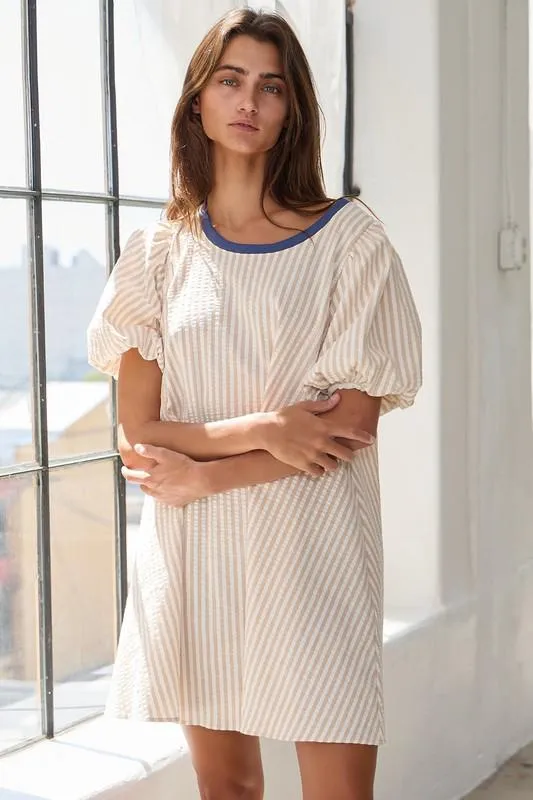Stripe Print Puff Sleeve Versatile Pullover Dress