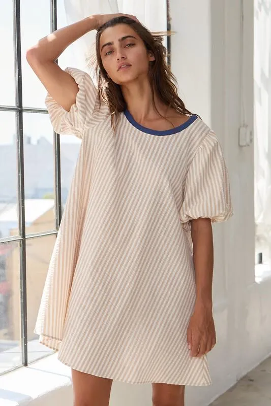Stripe Print Puff Sleeve Versatile Pullover Dress