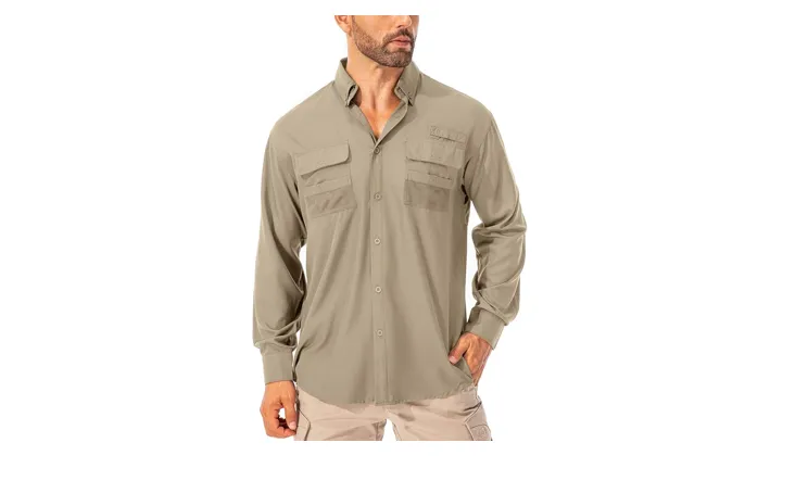 Toumett Men's Sun Protection Fishing Shirts Long Sleeve Safari Shirts, Khaki, L