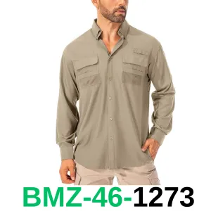 Toumett Men's Sun Protection Fishing Shirts Long Sleeve Safari Shirts, Khaki, L