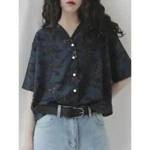 Vintage Leaves Print Shirt with Classic Collar and Short Sleeves