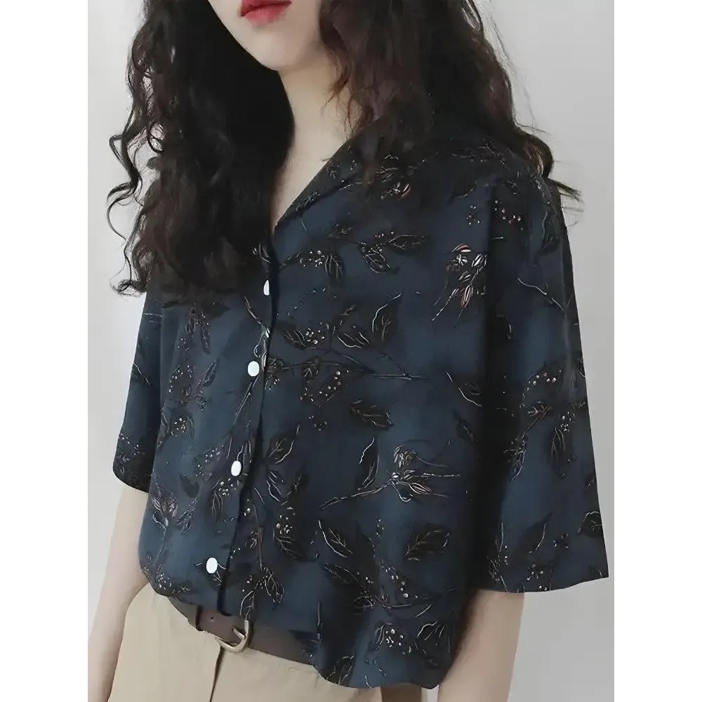 Vintage Leaves Print Shirt with Classic Collar and Short Sleeves