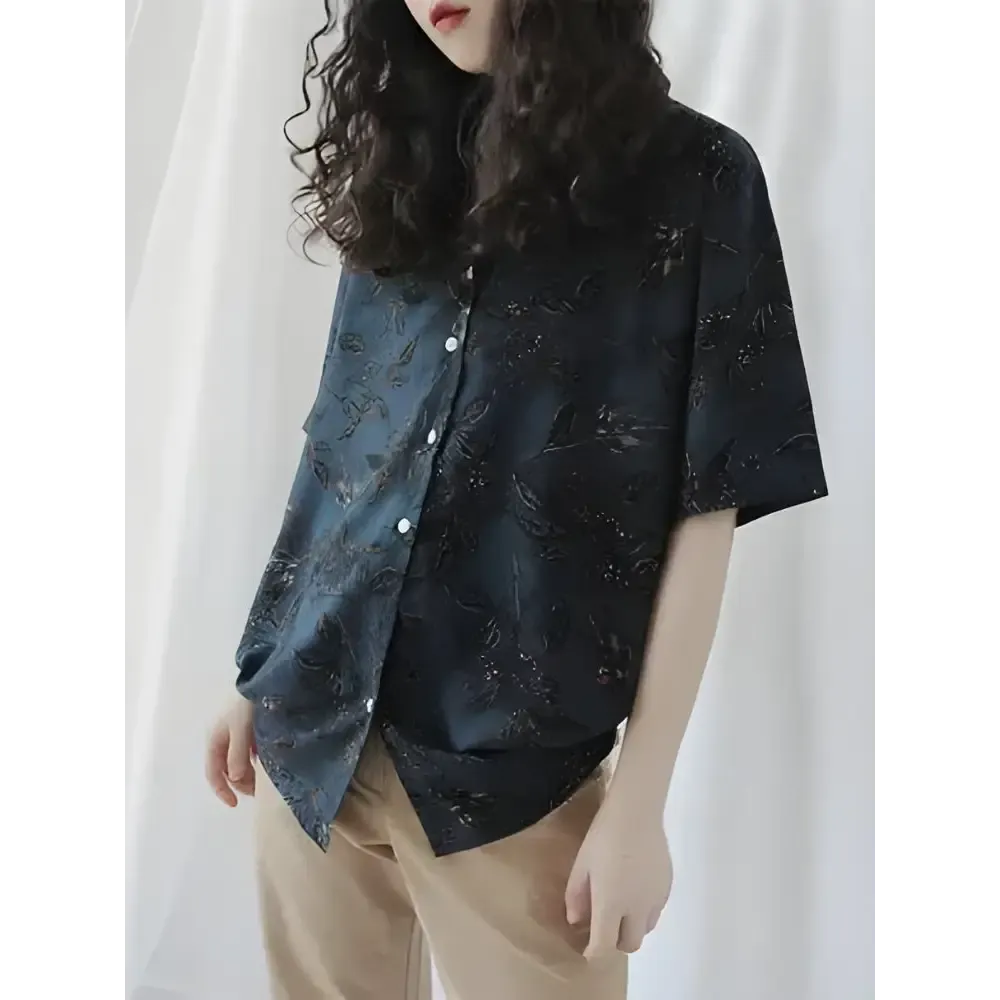 Vintage Leaves Print Shirt with Classic Collar and Short Sleeves