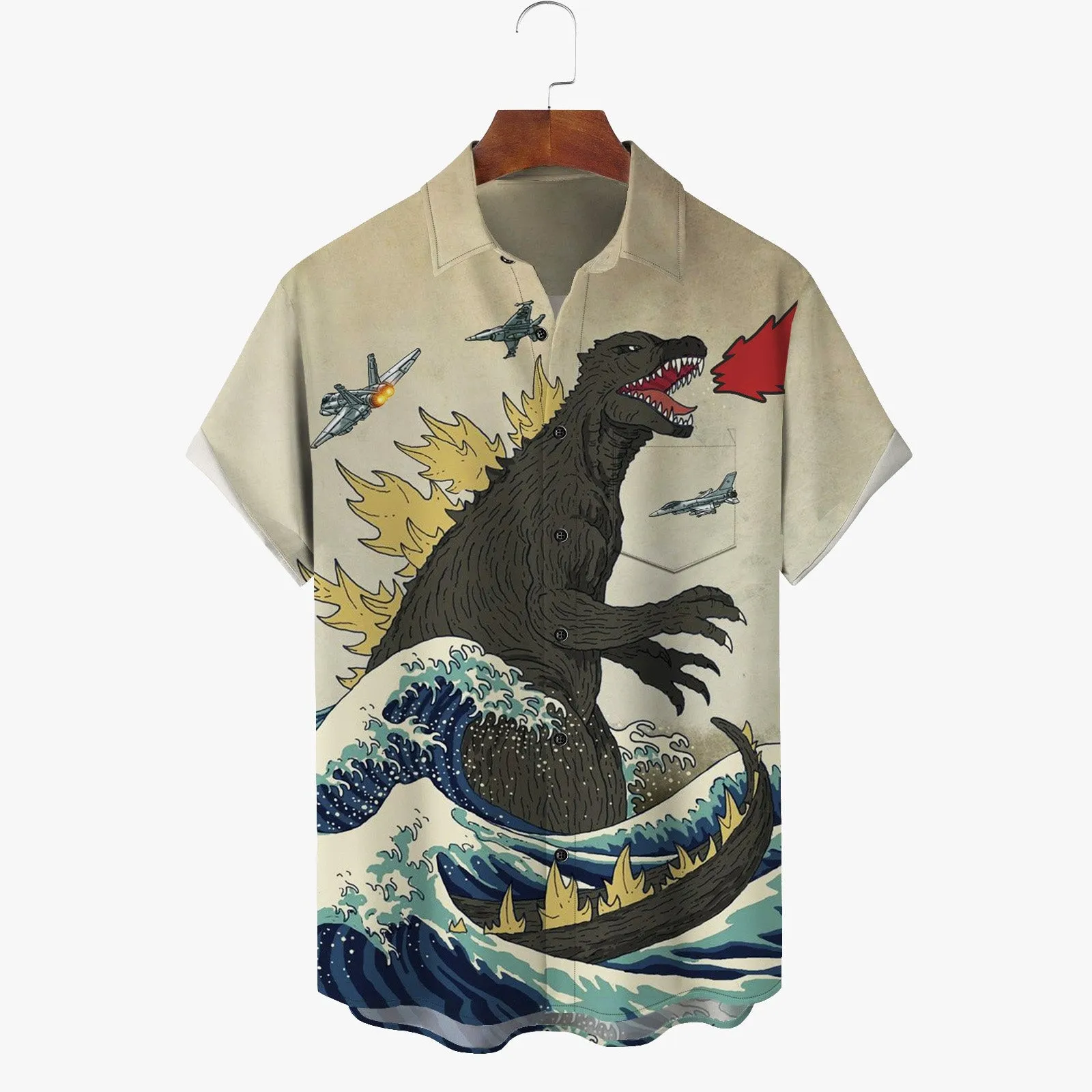 Vintage Ukiyo-e Dinosaur Khaki Men's Button Pocket Short Sleeve Shirt