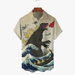 Vintage Ukiyo-e Dinosaur Khaki Men's Button Pocket Short Sleeve Shirt