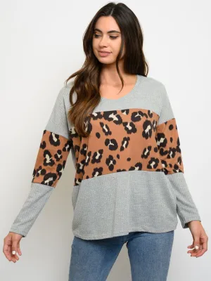 WOMEN'S ANIMAL PRINT LONG SLEEVE CONTRAST TOP