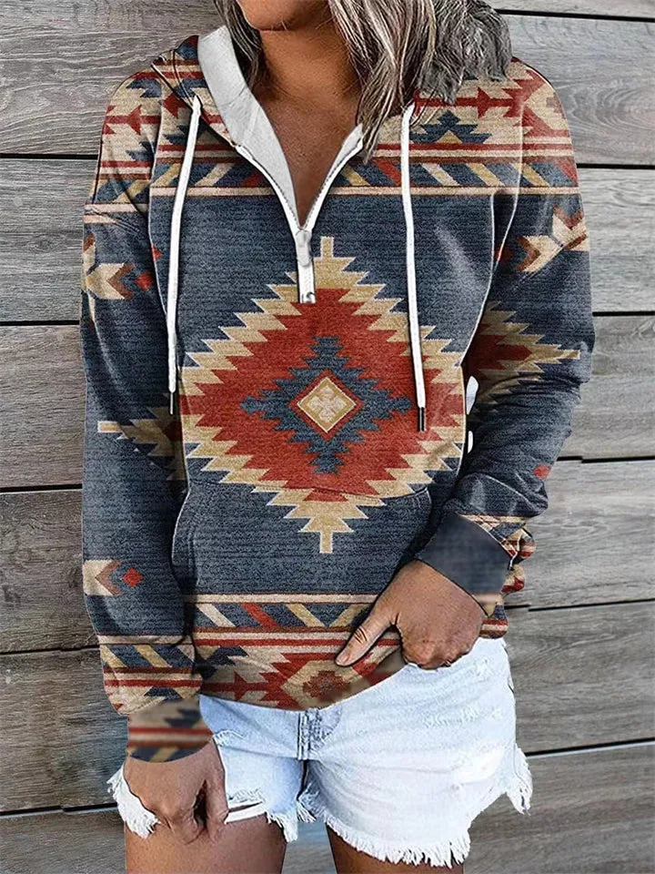 Women's Ethnic Diamond Printed Long Sleeve Pullover Hooded Sweatshirt