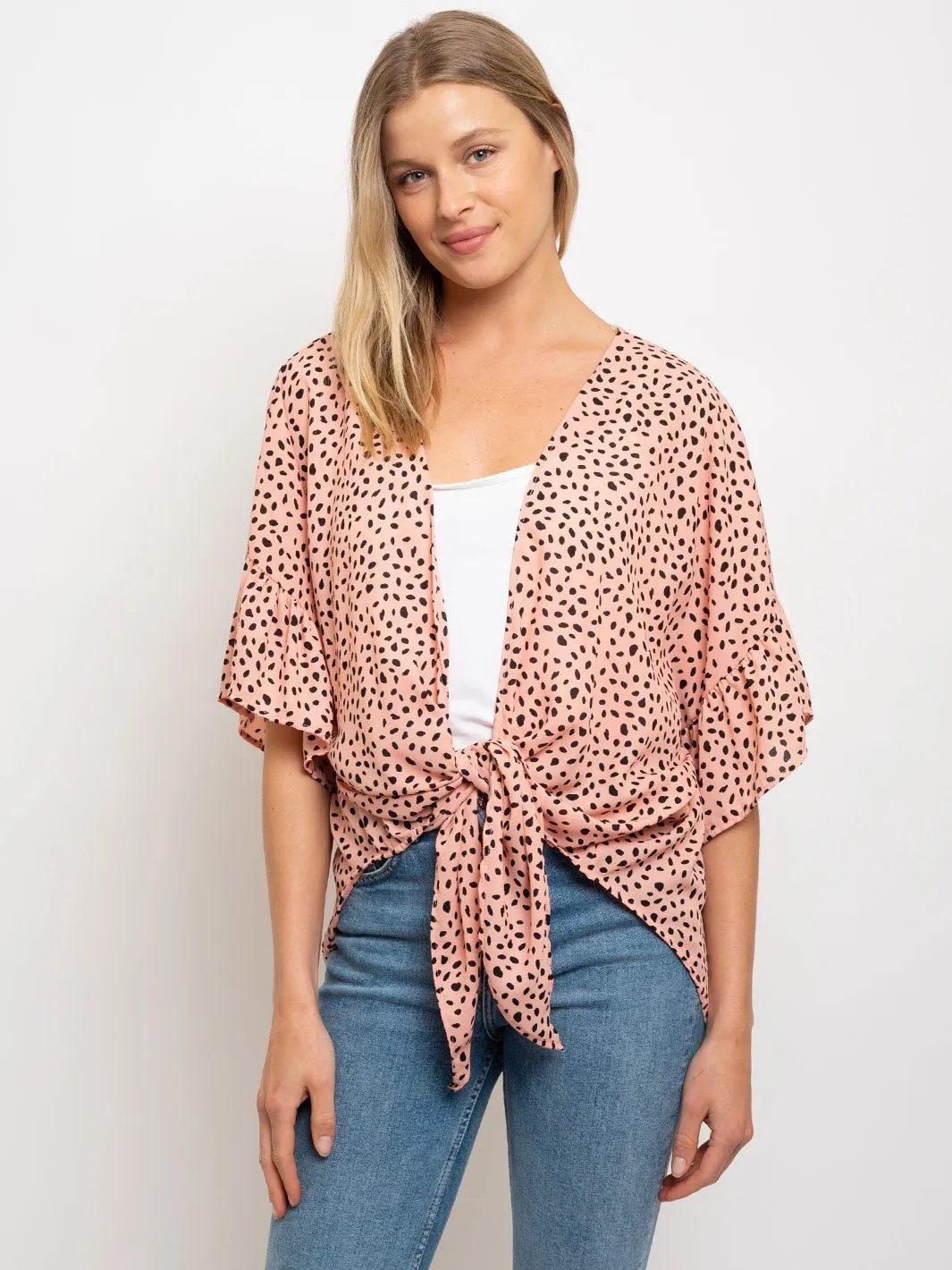 WOMEN'S FRONT TIE OPEN ANIMAL PRINT TOP