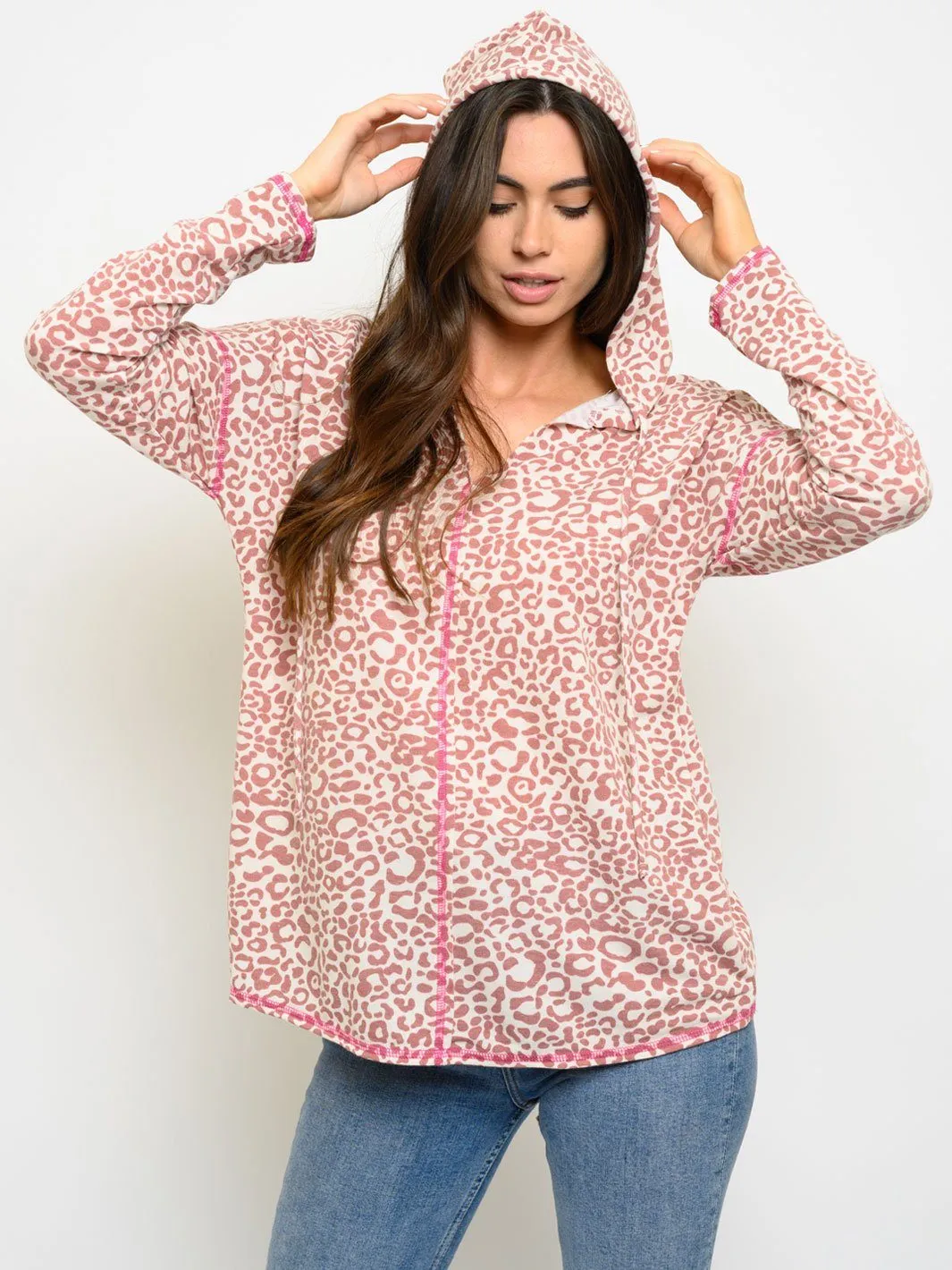 WOMEN'S LONG SLEEVE ANIMAL PRINT HOODIE TOP