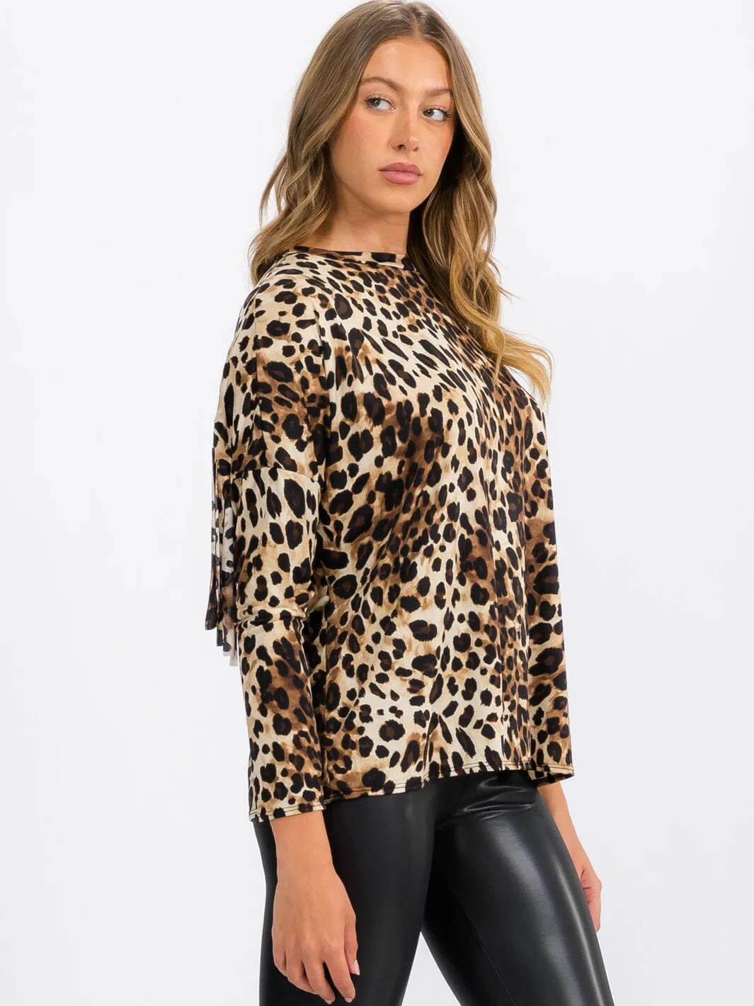 WOMEN'S LONG SLEEVE FRINGE ANIMAL PRINT BLOUSE TOP