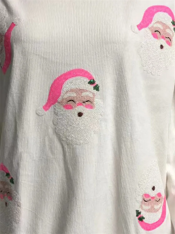 Women's Pink Hat Santa Sequin Embroidery Christmas Sweatshirt