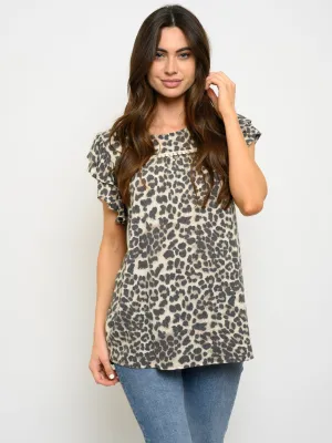 WOMEN'S SHORT RUFFLE SLEEVE ANIMAL PRINT TOP