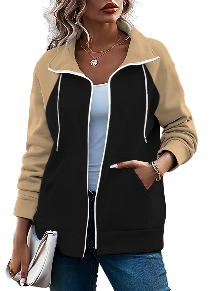 Women's Sports Non-Hooded Contrast Color Zipper Sweatshirt