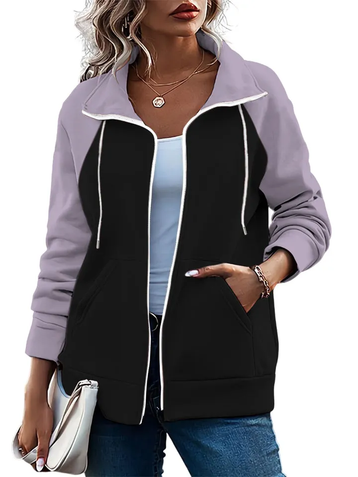 Women's Sports Non-Hooded Contrast Color Zipper Sweatshirt