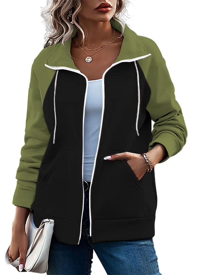 Women's Sports Non-Hooded Contrast Color Zipper Sweatshirt