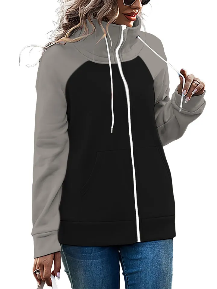 Women's Sports Non-Hooded Contrast Color Zipper Sweatshirt