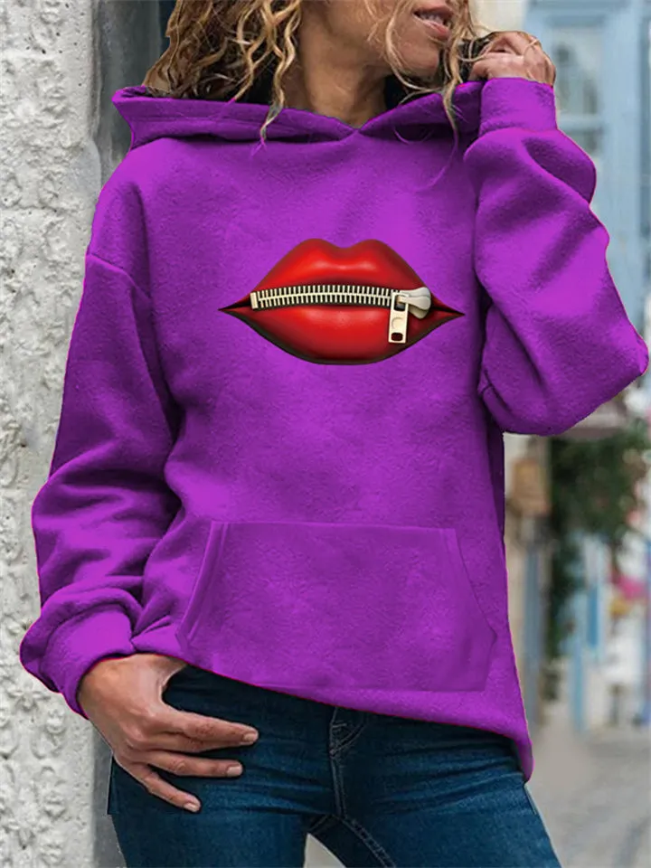 Women's Trendy Zipped Lips Print Long Sleeve Pullover Hoodies