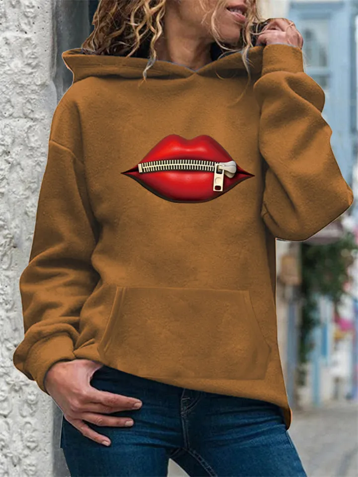 Women's Trendy Zipped Lips Print Long Sleeve Pullover Hoodies
