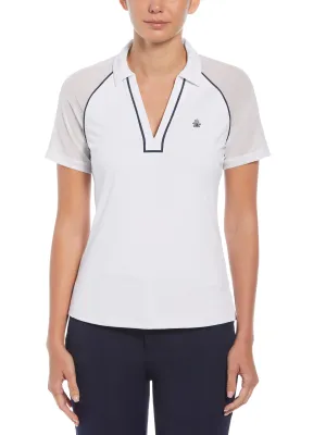 Women's V-Neck Mesh Block Short Sleeve Golf Polo Shirt with Contrast Piping