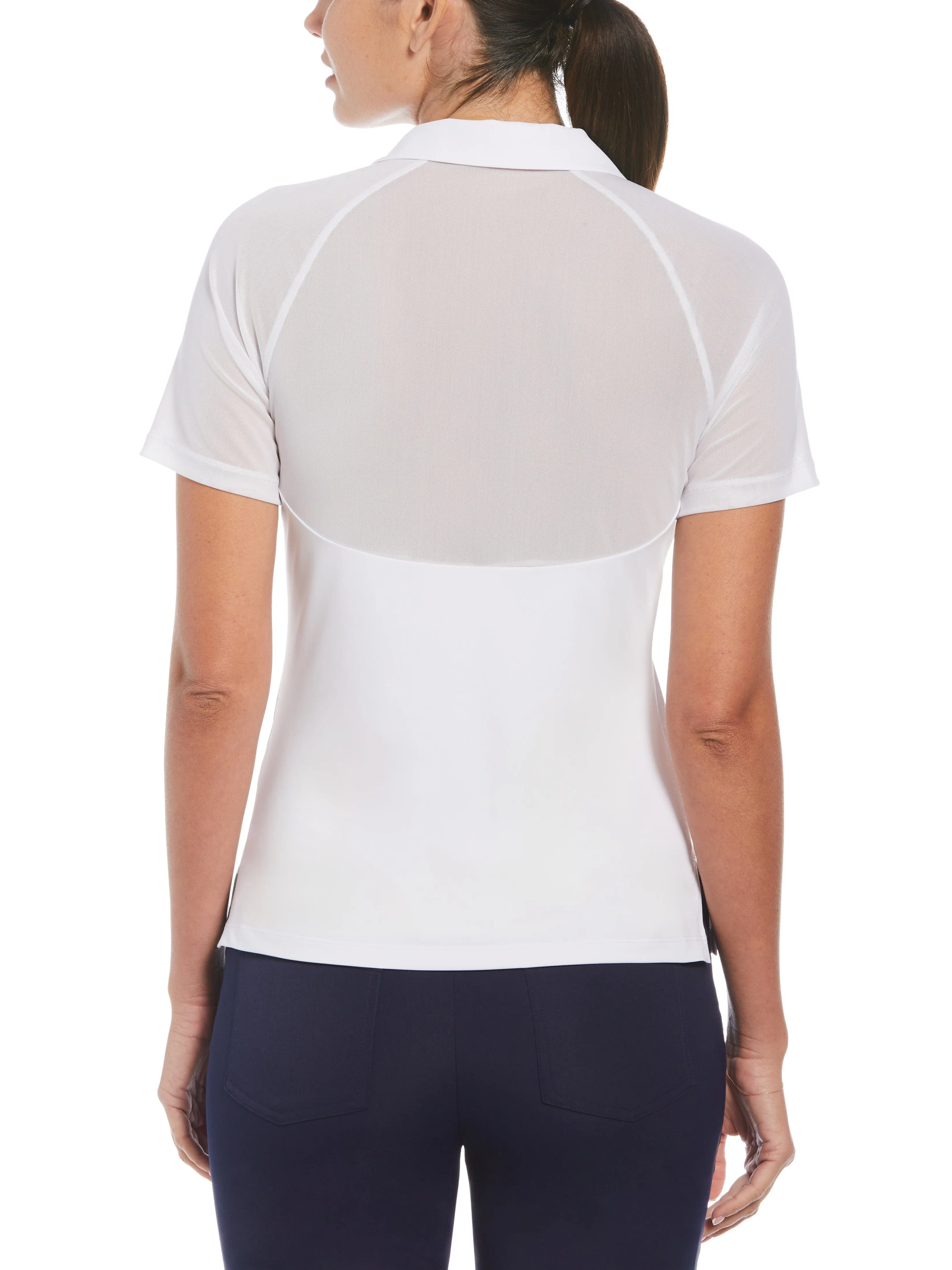 Women's V-Neck Mesh Block Short Sleeve Golf Polo Shirt with Contrast Piping